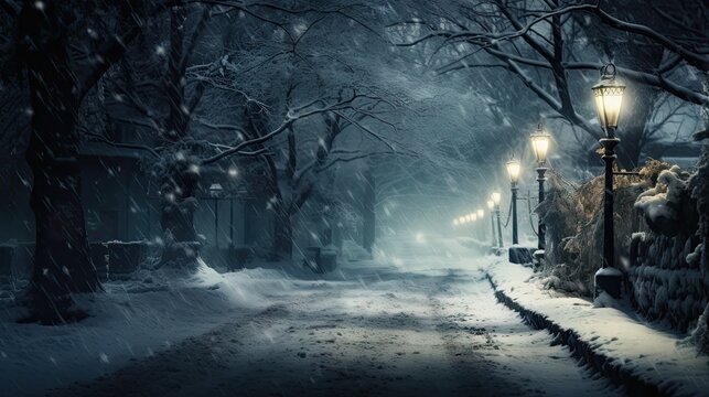  a snowy street at night with a lamp post and street lights on the side of the road and trees on the other side of the street with snow on both sides of the street.  generative ai