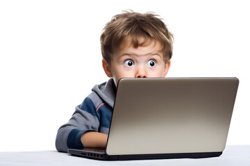Small kid boy surprised or shocked looking at laptop screen  isolated on white background