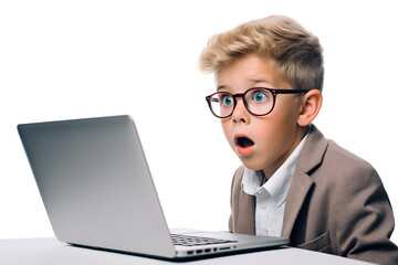 Small kid boy surprised or shocked looking at laptop screen  isolated on white background