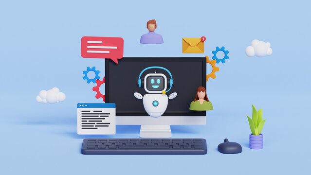 Marketing automation with AI chatbot. AI-powered chatbot, analyze customer data. Smart robot for business, innovation concept. 3d illustration