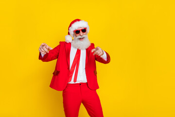 Photo of cheerful aged man have fun dancing point fingers you enjoy x-mas noel event isolated on...