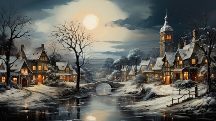 Festive winter scenery, 18th century painting. - obrazy, fototapety, plakaty