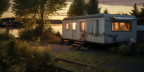 Caravan Holiday in lake district. mobile home on the lake trailer
