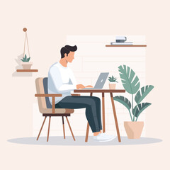 Man is sitting at a desk with a laptop and a potted plant in front of him. Concept of productivity and focus, as the man is likely working on a project or task