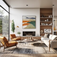 modern contemporary home interior design beautiful living room with white bright sofa and colorful vibrant decorating prop and poster frame artwork docorate simplicity easy comfort living room at home