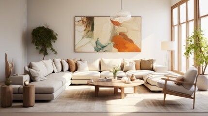 living room contemporary home interior design mockup sofa with artwork photo frame on plain accent wall decorating cosy simplicity room ideas design living room design nature colour scheme daylight