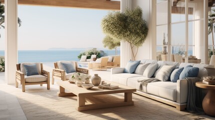 living room interior deisgn with coastal interiod design style white and blue material color scheme and finishing beautiful living room with view window of ocaen beach seascape daylight from window - obrazy, fototapety, plakaty