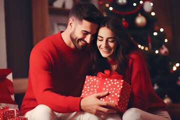Obraz na płótnie Canvas Portrait of young american couple holding wrapped gift presents wear red warm sweaters on christmas eve indoors