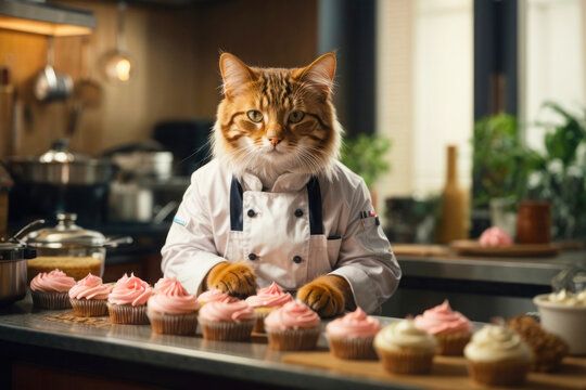 A bright advertising image, a cute cat dressed as a chef in the kitchen preparing delicious cupcakes, a charming pastry chef.