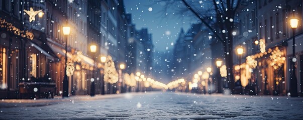 Beautiful blurred street of festive night or evening city with snowfall and Christmas lights....