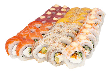 Very popular meal from Japan consists of the combination of the seafood and rice. Tasty rolls with soft cream cheese philadelphia, cucumber, salmon, tuna, perch and sesam.
