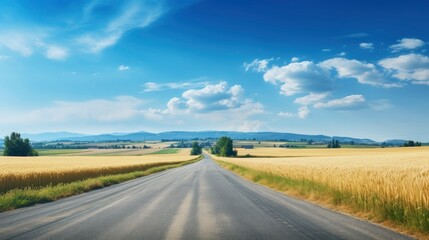 Rural landscape with wheat field on sunset, Generative AI