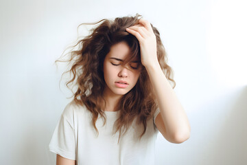 Fototapeta premium Young woman holding her head in pain isolated on white background. Migraine 