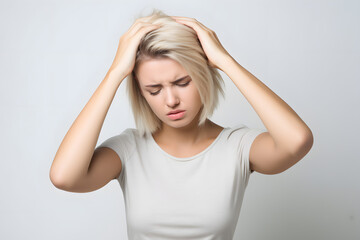 Young woman holding her head in pain isolated on white background. Migraine 