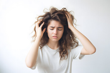 Fototapeta premium Young woman holding her head in pain isolated on white background. Migraine 