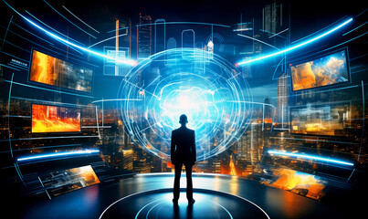 Back view of businessman against night cityscape using digital interface 3D rendering.