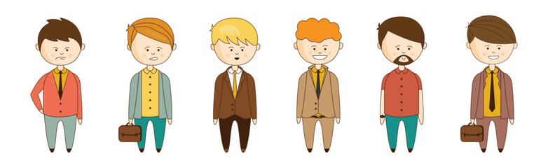 Man Business and Office Employee Character in Suit and Tie Standing Vector Set