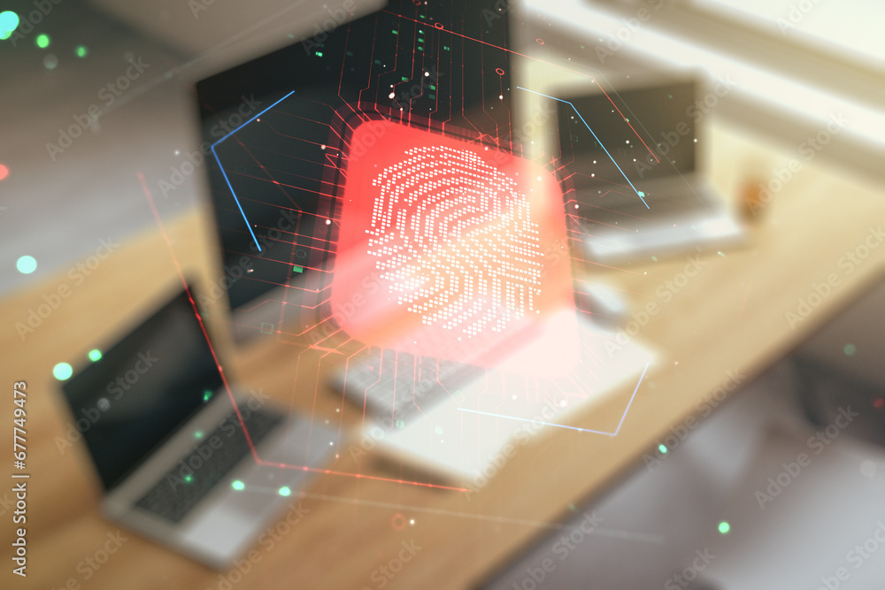 Leinwandbilder abstract creative fingerprint concept and modern desktop with computer on background. multiexposure