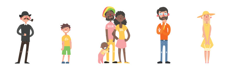 Happy Man, Woman and Kids Standing and Smiling Vector Illustration Set