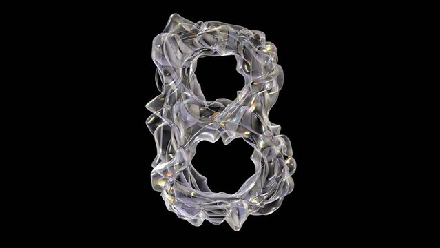 3D glass alphabet letter b with light dispersion animation isolated on black background
