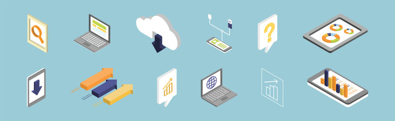 Business Infographics Element Design with Chart, Cloud Storage and Electronic Device Isometric Vector Set