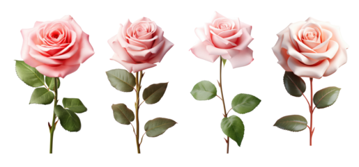 Set of pink rose flowers isolated on transparent background.