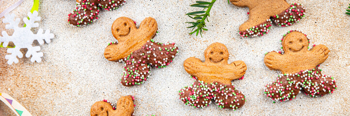 gingerbread man christmas cookies cinnamon, ginger christmas sweet dessert holiday baking treat celebration meal food snack on the table copy space food background