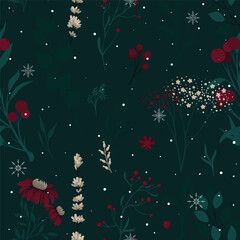 Seamless Christmas floral pattern with snowflakes - 677750295