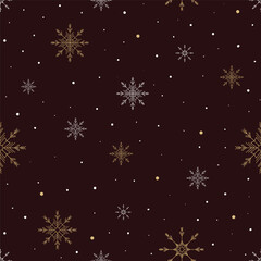 Seamless Christmas pattern with gold and white snowflakes