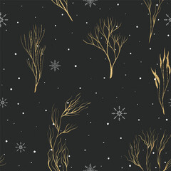 Seamless Christmas pattern with golden twigs and snowflakes - 677750464