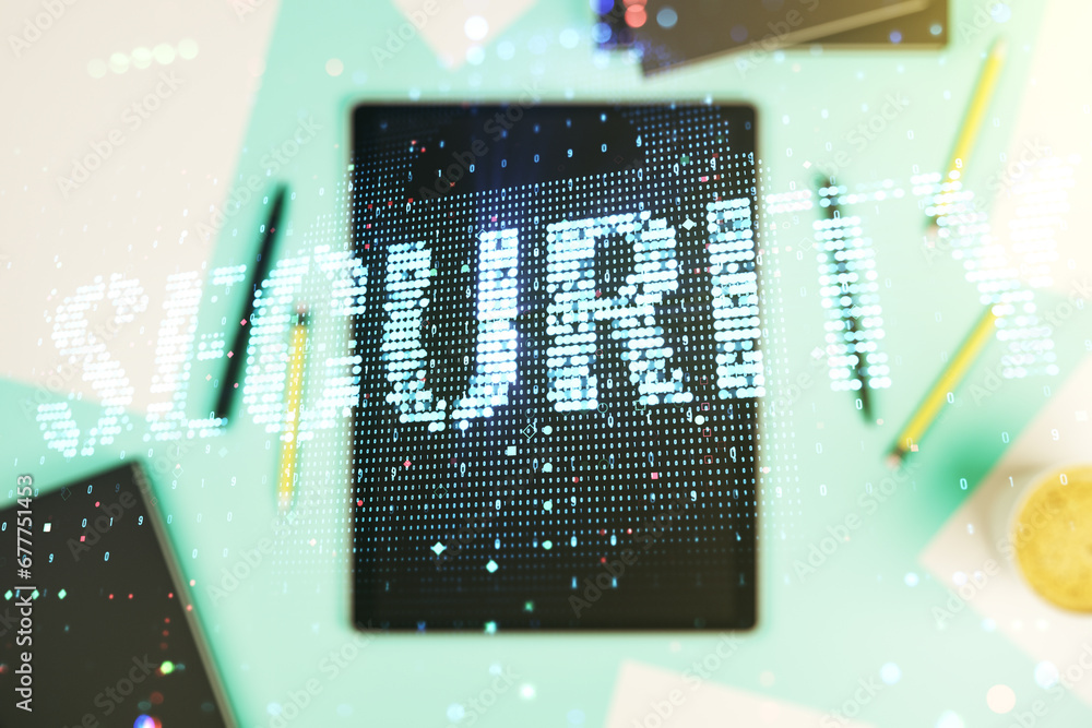 Poster cyber security creative concept and modern digital tablet on background. double exposure