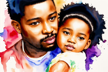 Celebrating the Fathers day. Black boy, black girl. Black father and child. Generative AI