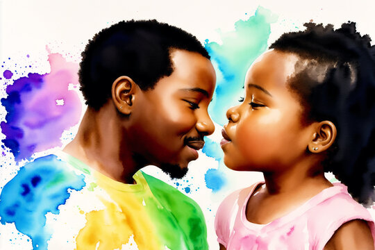 Celebrating the Fathers day. Black boy, black girl. Black father and child. Generative AI