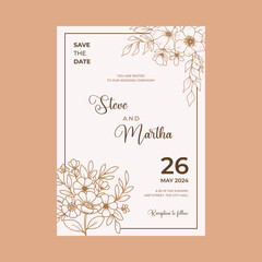 Floral wedding invitation card with hand drawn outline botanical frame