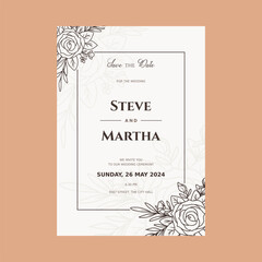 Floral wedding invitation card with hand drawn outline botanical frame