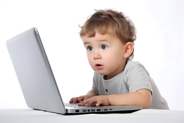 Small kid boy looking at laptop screen  isolated on white background