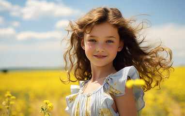 Cute fair-skinned girl walks through a field. Child freedom future clean energy environment concept.