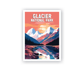 Glacier, National Park Illustration Art. Travel Poster Wall Art. Minimalist Vector art. Vector Style. Template of Illustration Graphic Modern Poster for art prints or banner design.