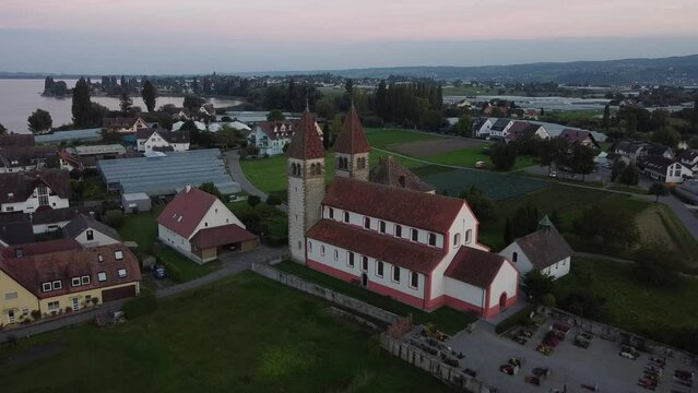 View of the Basilica of Sts. Peter and Paul from a drone. Reichenau, Germany.