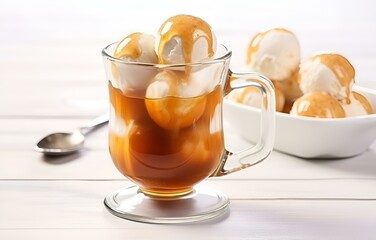 Tasty ice cream with caramel sauce in transparent mug on white wooden table for sweet dessert food card design
