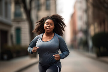 Motivated overweight african american young woman jogging at city street at autumn. Weight loss...