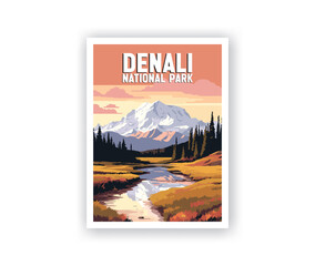 Denali, national park Illustration Art. Travel Poster Wall Art. Minimalist Vector art. Vector Style. Template of Illustration Graphic Modern Poster for art prints or banner design.