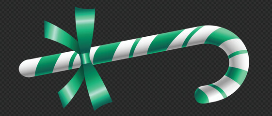 3D Realistic Candy Cane with Green Ribbon Bow Backdrop Vector Candy Cane Christmas Design Element for card postcard or banner designs Top View Lollipop realistic illustration Isolated on Transparent