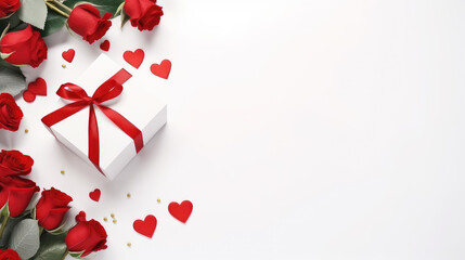 Celebrate love with an elegant floral arrangement, roses, heart giftbox, and ribbon. Ideal for romantic occasions, this creative concept provides a vibrant backdrop with space for your heartfelt text.