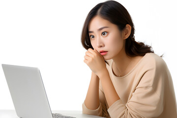 Young asian woman thinking sitting with laptop isolated on white background. Idea solution
