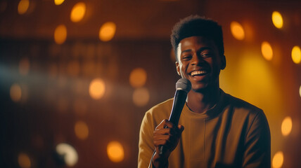 Young afro american man talks joke into microphone or sings songs. Stand up comedian on stage - obrazy, fototapety, plakaty