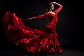 Foto op Canvas Young woman dancing flamenco on dark background in studio © Adin