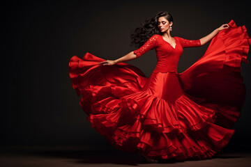 Young woman dancing flamenco on dark background in studio