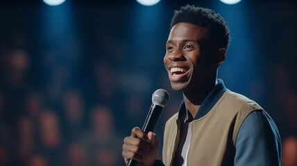 Young afro american man talks joke into microphone or sings songs. Stand up comedian on stage - Powered by Adobe