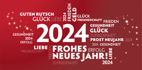 Neujahrsgrüße 2024 - weiße Schrift auf rotem Hintergrund und Jahreszahl - deutsch